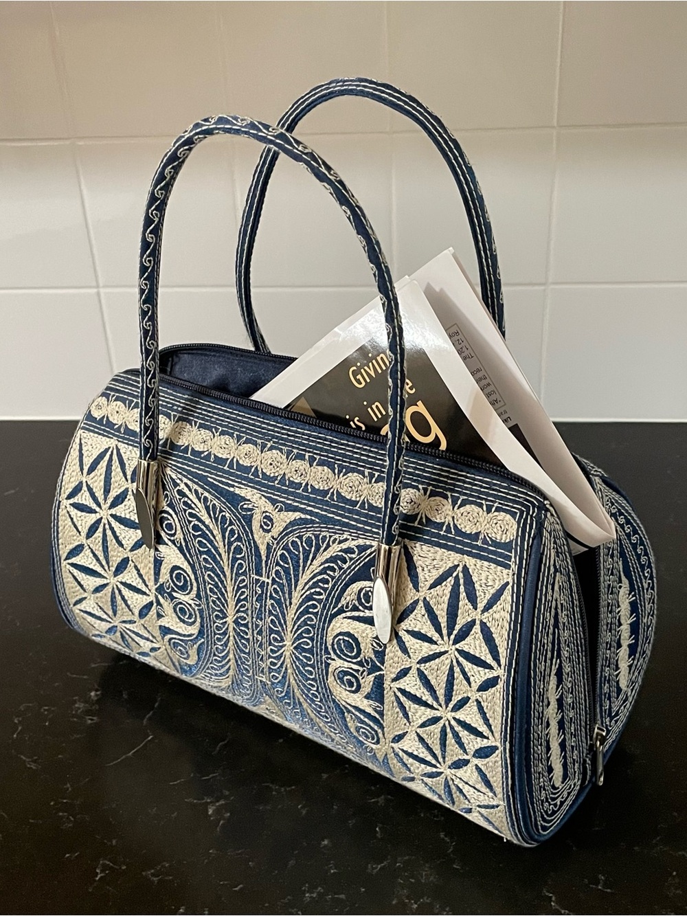 Laga Designs International, Inc. Elegant Navy/Cream Embroidered Tote